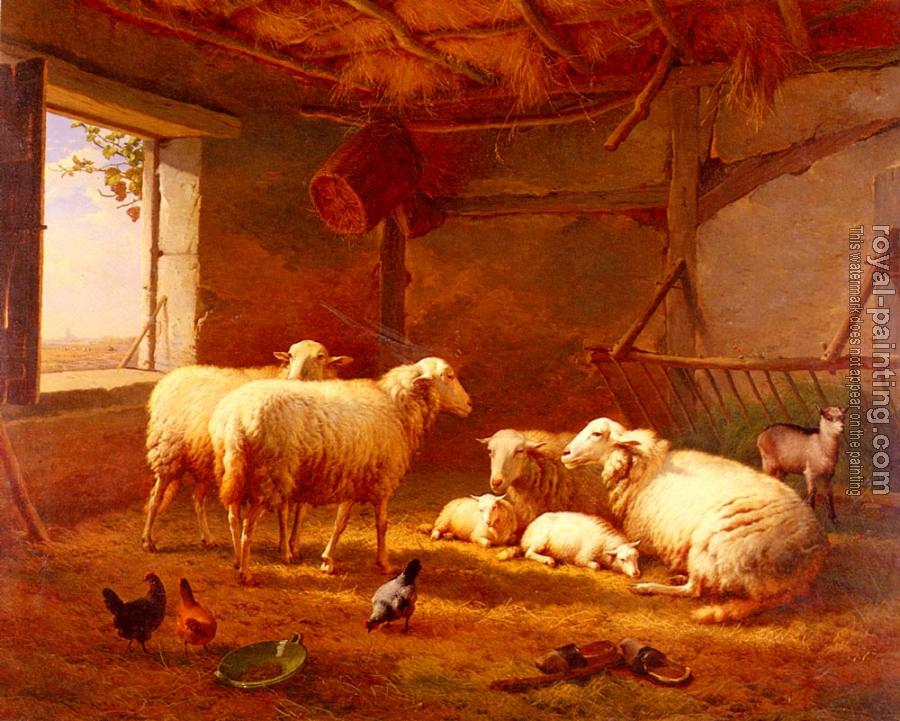 Eugene Joseph Verboeckhoven : Sheep With Chickens And A Goat In A Barn